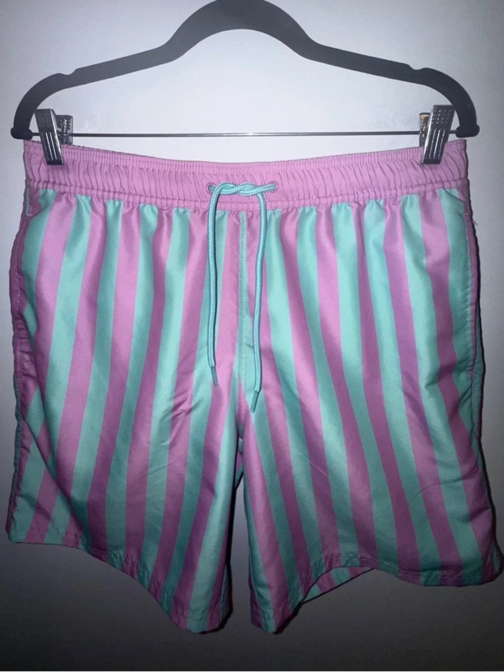 MAD Engine Men’s Swim Trunks Medium Pink Mint Stripe Retro Beach Shorts Lined